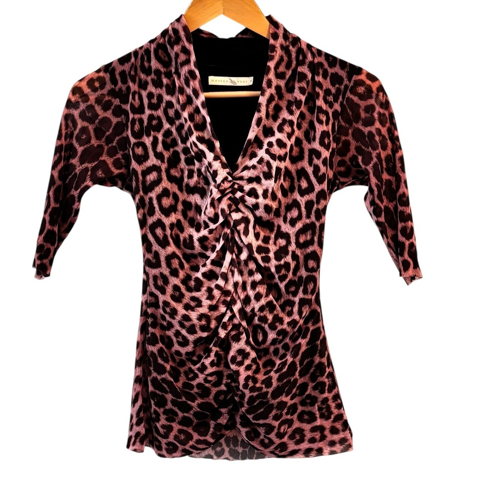 Y2K Weston Wear Womens Leopard Print Top‎ Size M Ruched Mesh Mob Wife Glam